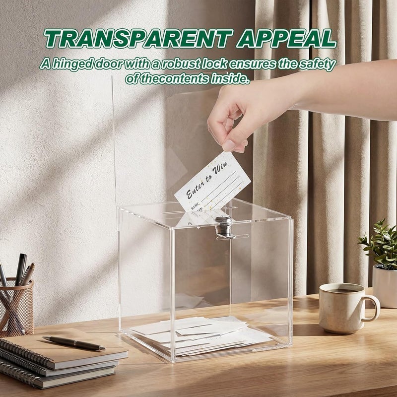 Teling صندوق تبرعات أكريليك طويل مع قفل ولوحة علامة صندوق اقتراحات آمن مع 100 بطاقة تذاكر سحب للتذاكر، المال، التصويت، الأعمال الخيرية، الاقتراحات (6 × 6 × 6 بوصة، شفاف) - Image 3